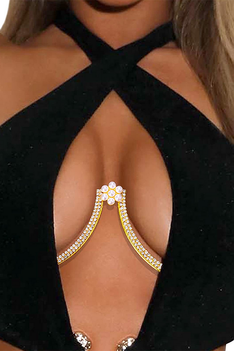 Floral Pearls Decor Rhinestone Body Chain-Gold