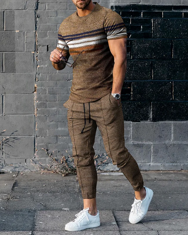 Suitmens Men's Casual Khaki Striped Contrast Color Short Sleeve Long Set 481