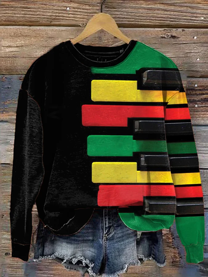 Women's Multicolor Piano Key Black Art Print Casual Sweatshirt