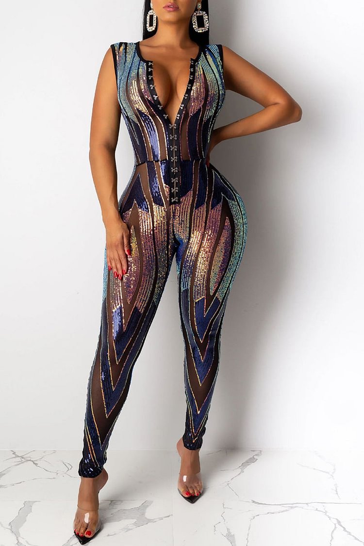 Gradient Sequin Buckle Sparkly Party V-Neck Jumpsuit