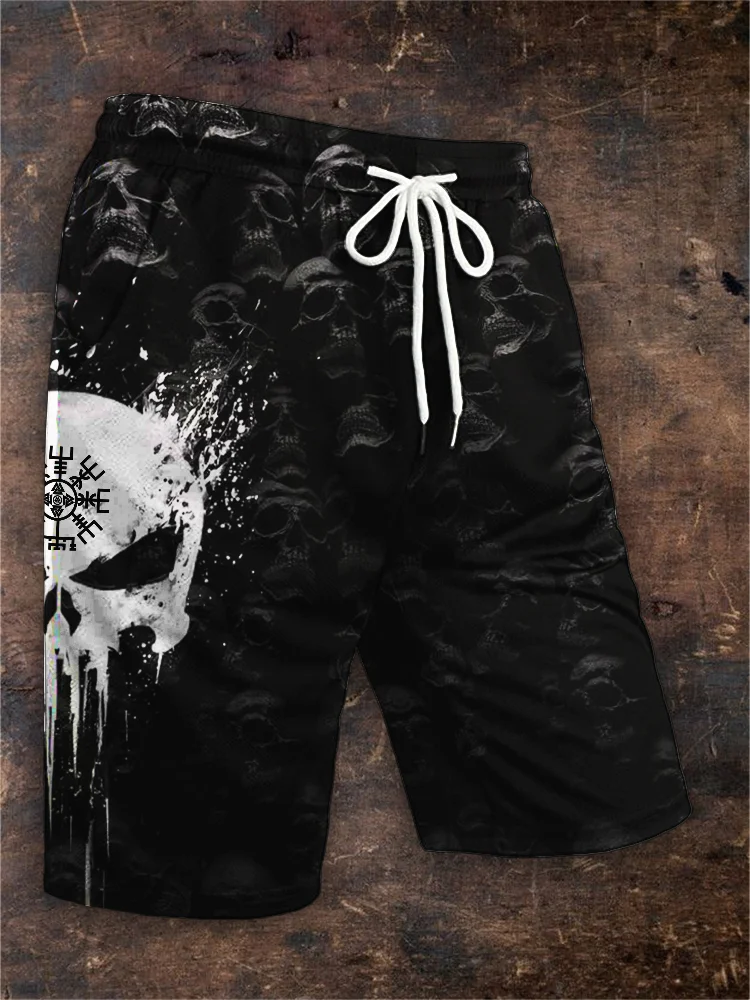 BrosWear Men's Viking Vegvisir Skulls Inspired Drawstring Shorts