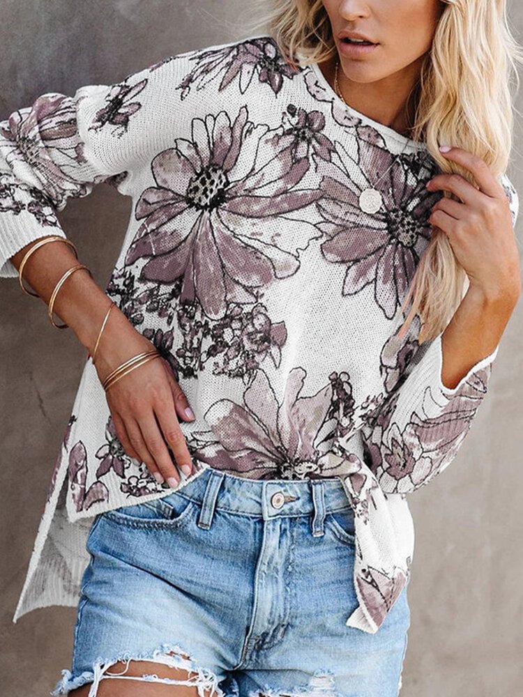 Floral Print High low Hem Long Sleeve Casual Blouse For Women P1747356