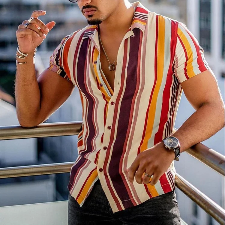 Warm Color Striped Casual Vacation Shirt