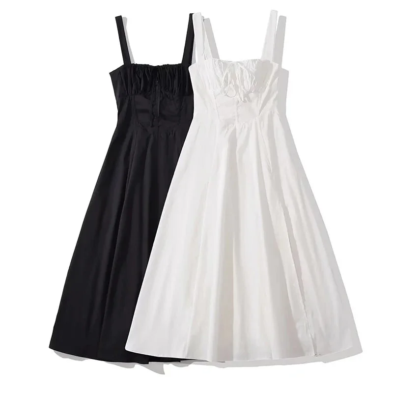 Tlbang Elegant Women Fashion Front Slit Back Lacing Up Bandage Black White Sling Dress French Style Robe