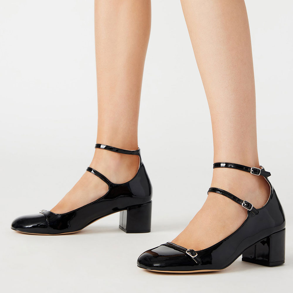 Black Patent Leather Chunky Heel Buckle Strap Mary Jane Pumps