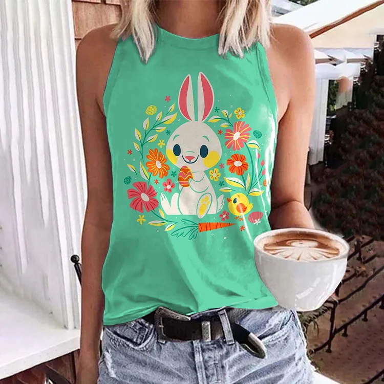 Easter Bunny Print Crew Neck Tank Top