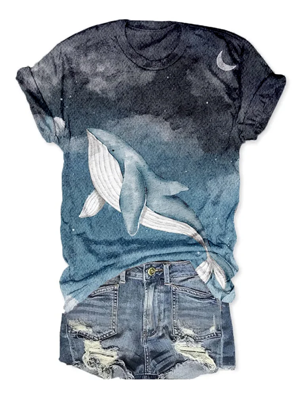Women's Whale In The Night Sky Art Painting V Neck T-Shirt