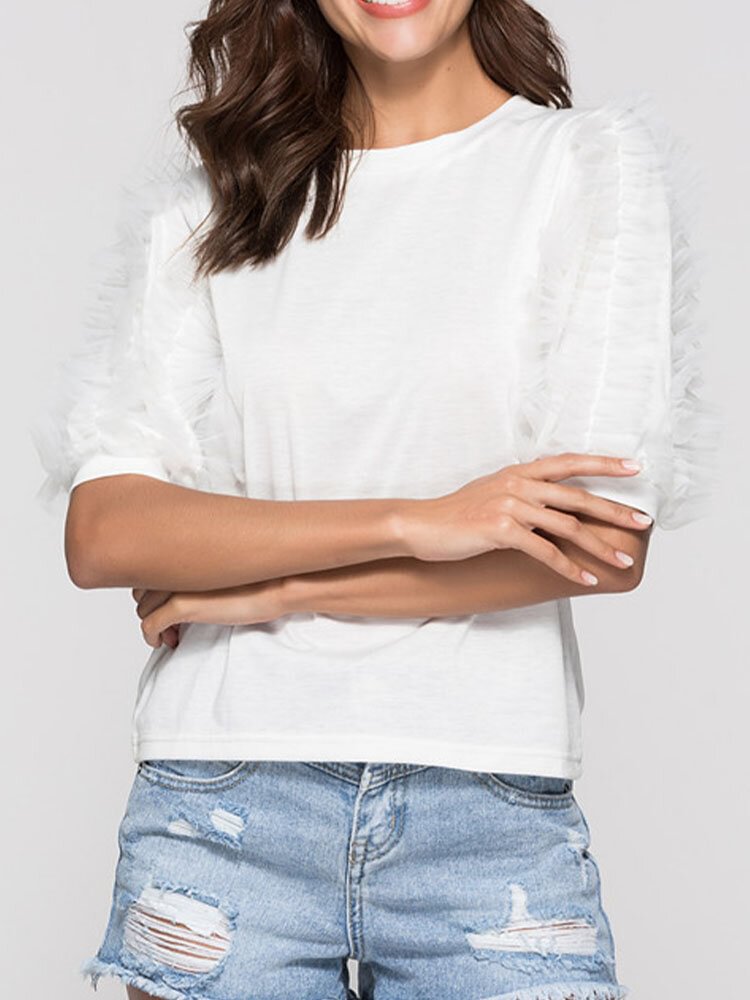 Mesh Patchwork Half Sleeve O neck Solid Color T shirt P1851812