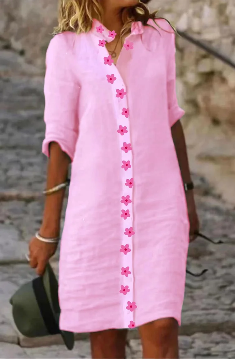 Floral Pink Plain Cotton Casual Dress