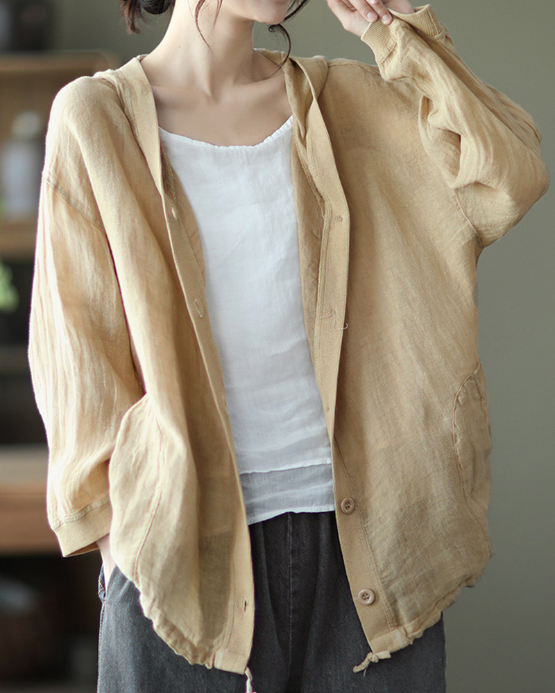Button Down Patch Pockets Long Sleeve Hoooded Linen Jacket