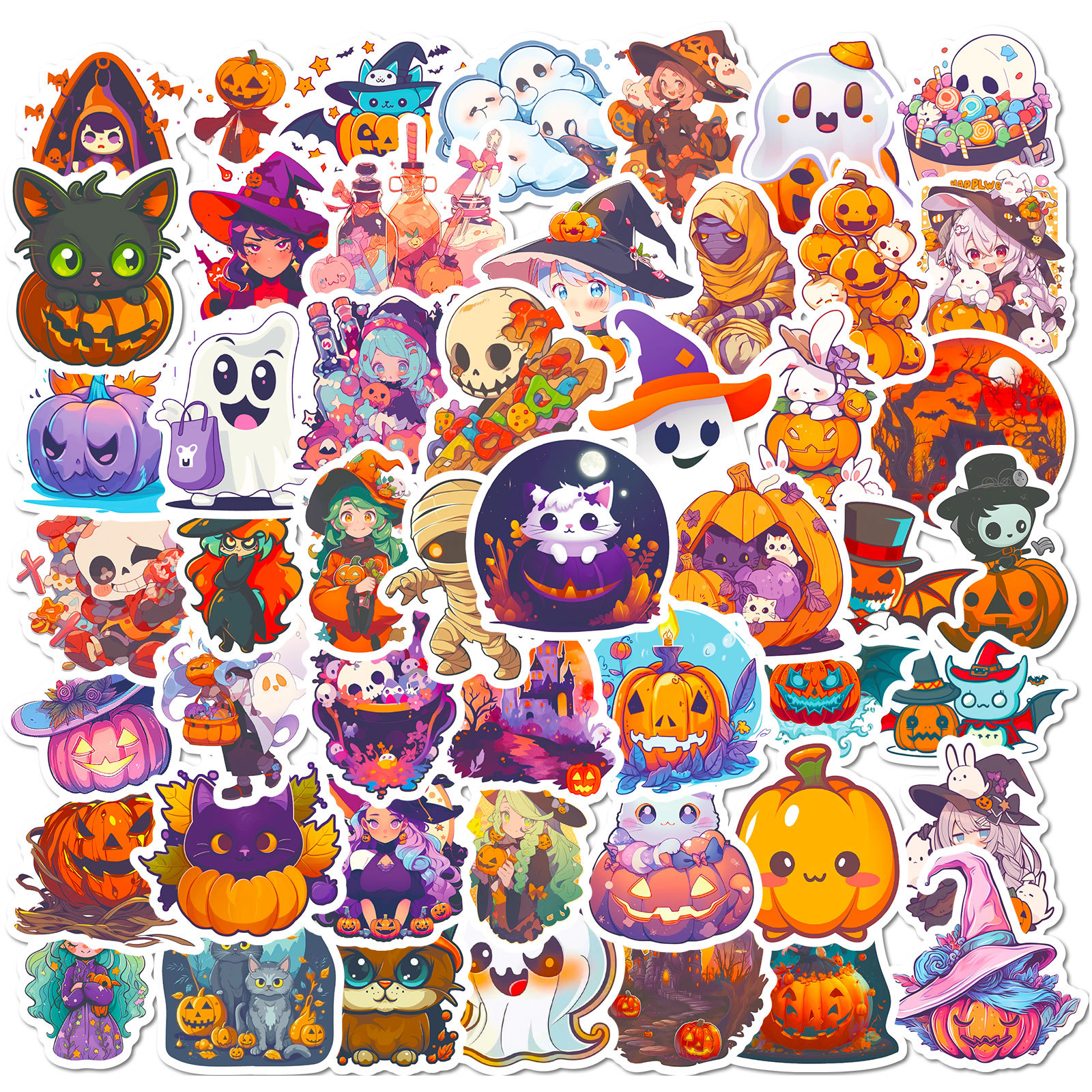 Spooky Vibes Halloween Sticker Set: 50-Pc Glow-in-Dark Pumpkins & Ghosts
