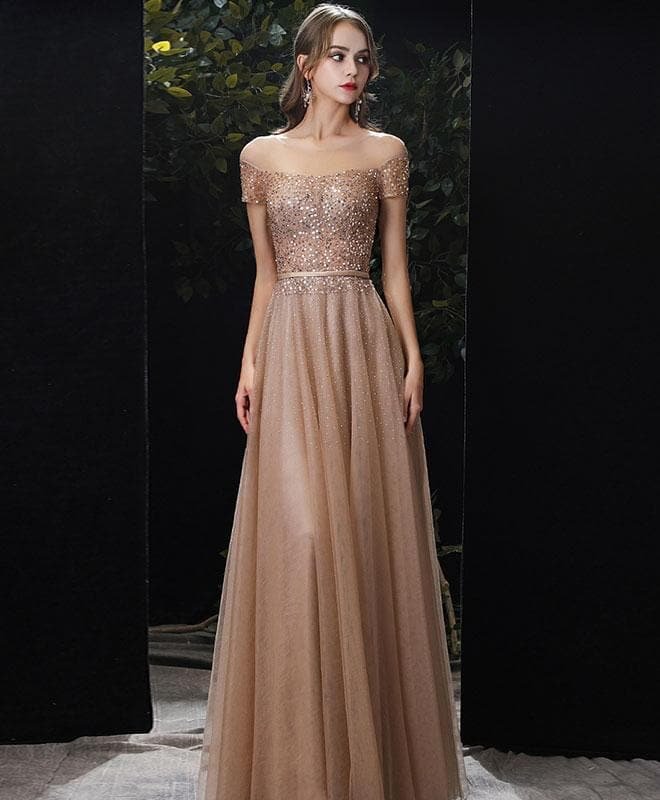 Gold Tulle Sequin Long Prom Dress Gold Tulle Formal Dress A042
