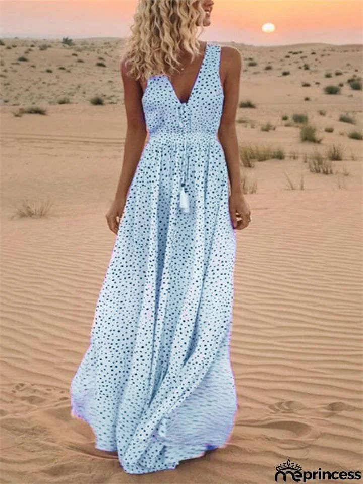 Bohemian V Neck Polka Dot Desert Flowy Dress for Women