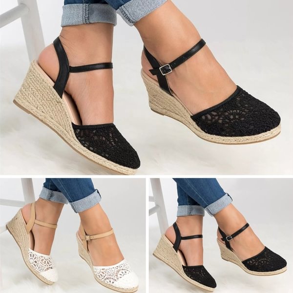 Women Summer Fashion Ankle Strap Espadrilles High Heel Shoes Casual Pointed Toe Platform Wedge Sandals - BlackFridayBuys