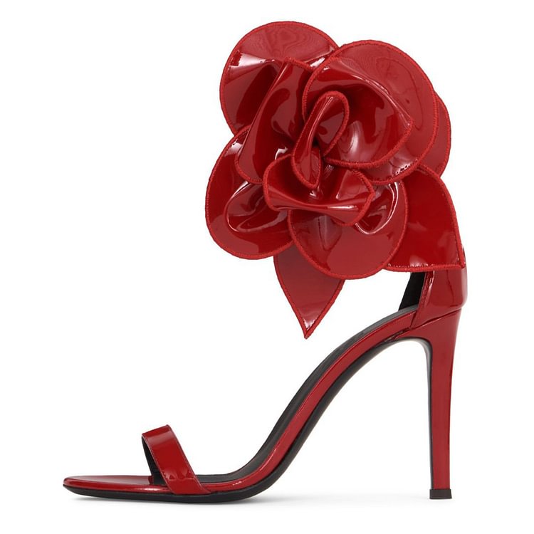 Red Patent Leather Flower Embellished Ankle Strap Evening Shoes |FSJ Shoes