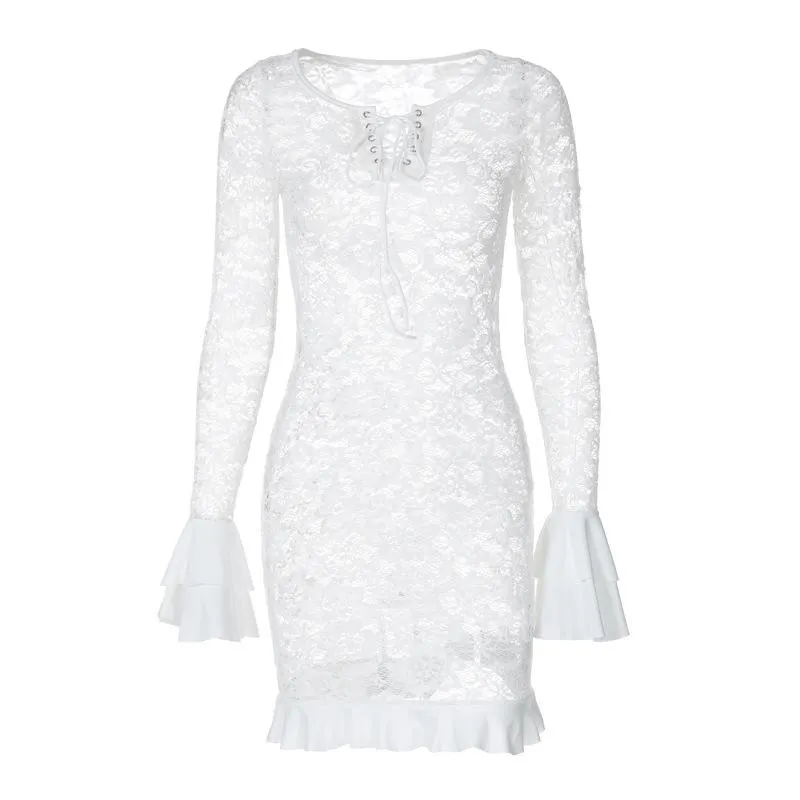 Lace u neck see through backless mini dress