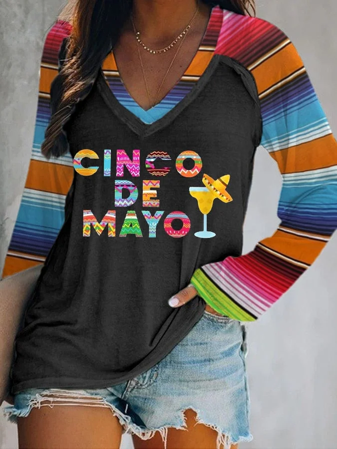 Women's Cinco De Mayo Stripes Print Casual Long Sleeve T-Shirt