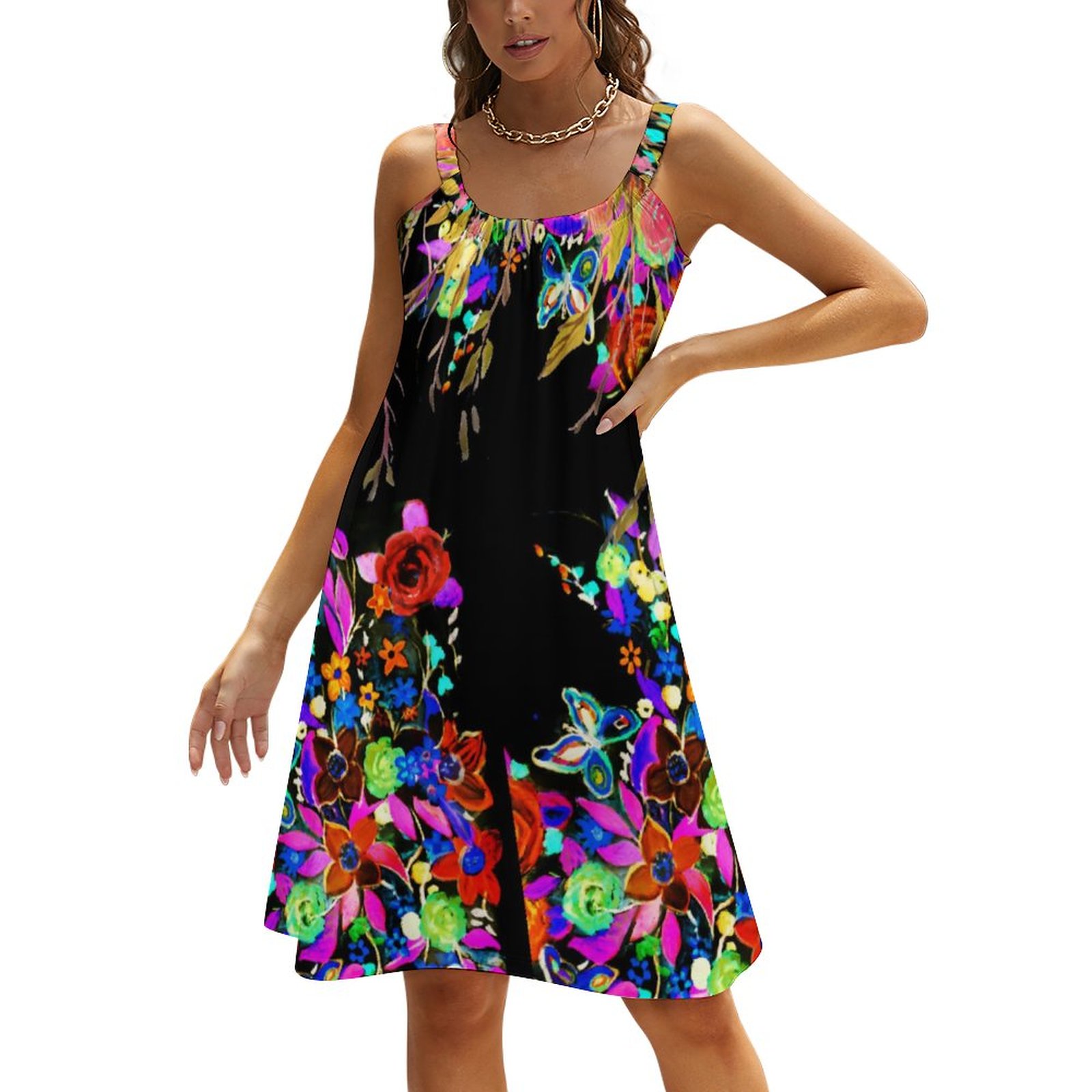 Boho Butterfly Garden Summer Hawaiian Beach Retro Dresses Casual Sling Sleeveless Printed Knee Length Dress Butterfly-S