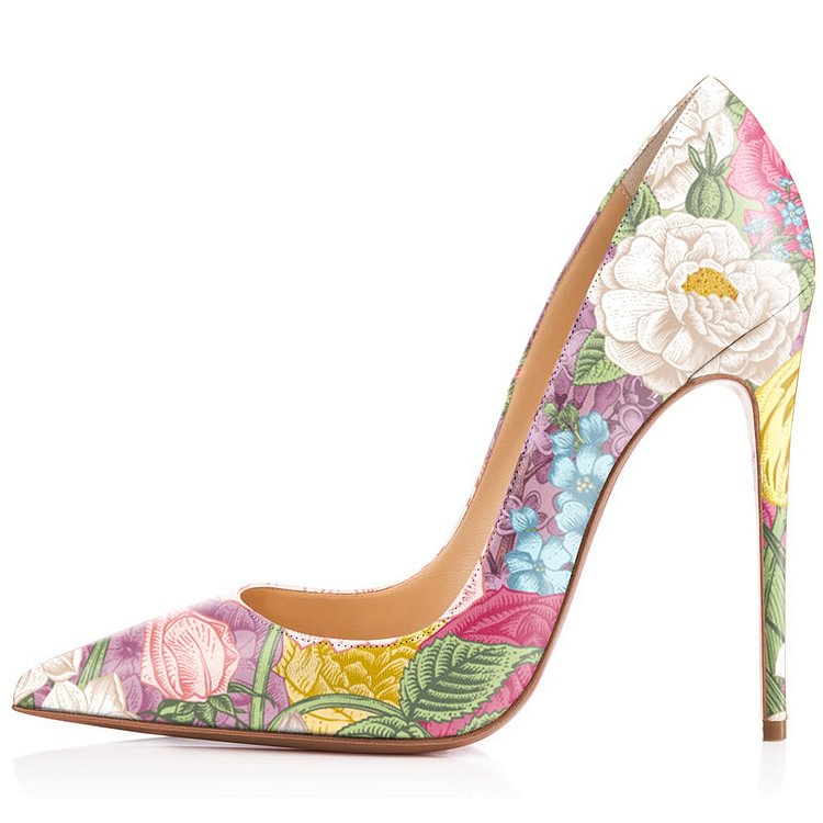 Women's Floral Heels Spring Pointy Toe Stiletto Heels Pumps by FSJ |FSJ Shoes