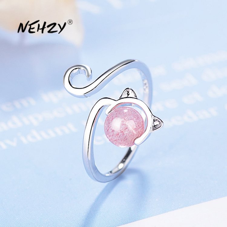 YOY-Crystal Zircon Pink Agate Kitten Ring