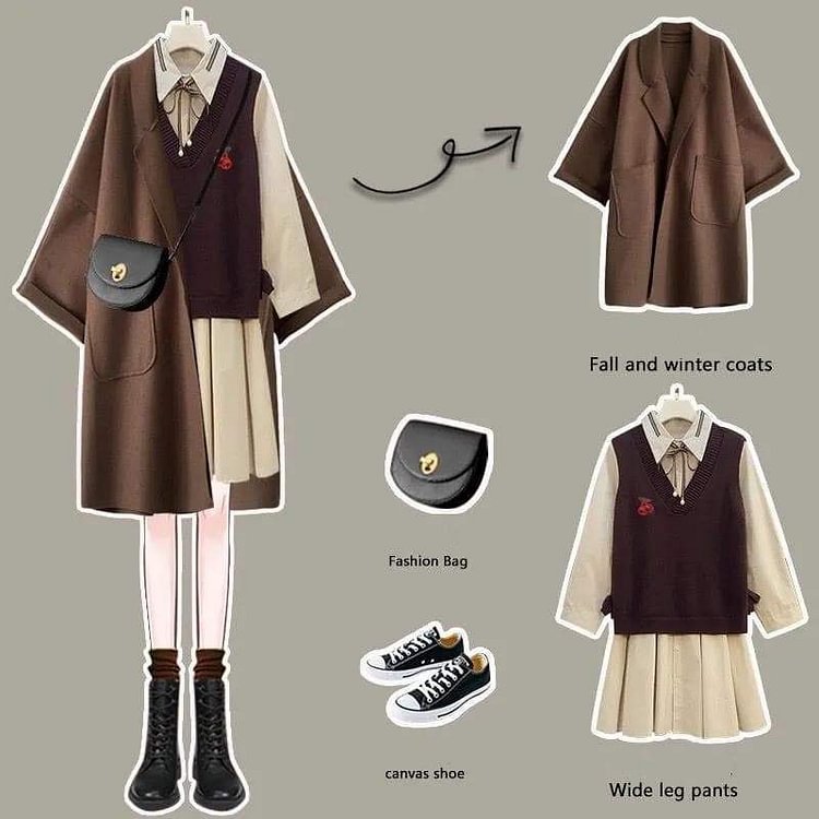 Dark Academic Set Brown Coat Vest Cream Shirt and Skirt SP15905