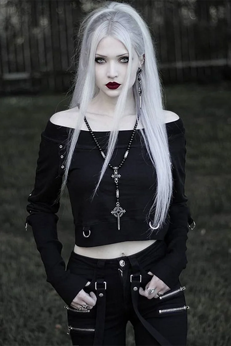 Gothic Black Party Off The Shoulder Metal Buttons Blouse