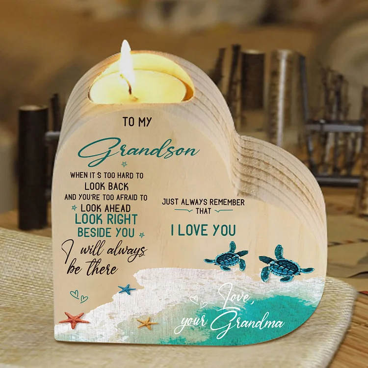 To My Grandson Wooden Heart Candle Holder "I will always be there"