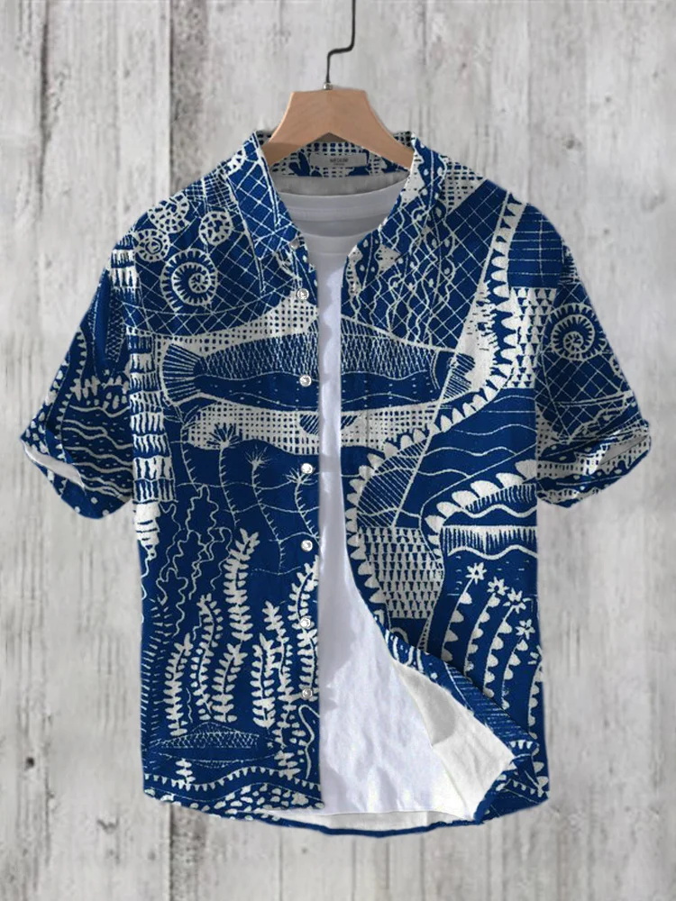 Comstylish Underwater World Art Pattern Linen Short Sleeve Shirt