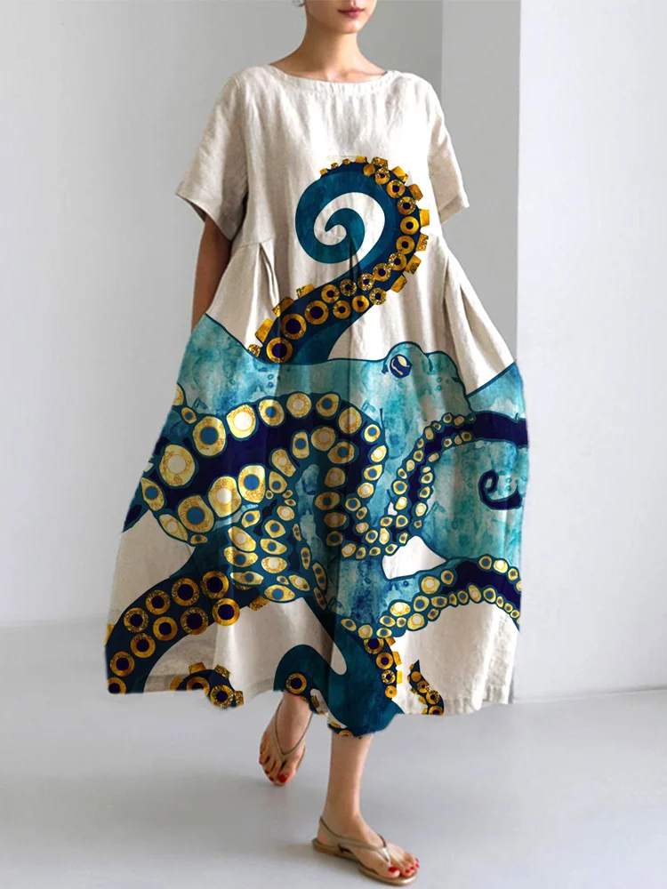 Comstylish Ocean Octopus Japanese Art Linen Blend Casual Dress