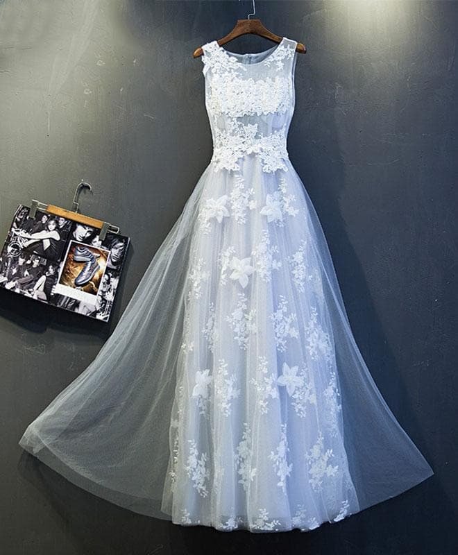 Gray Round Neck Tulle Long Prom Dress, Lace Evening Dress