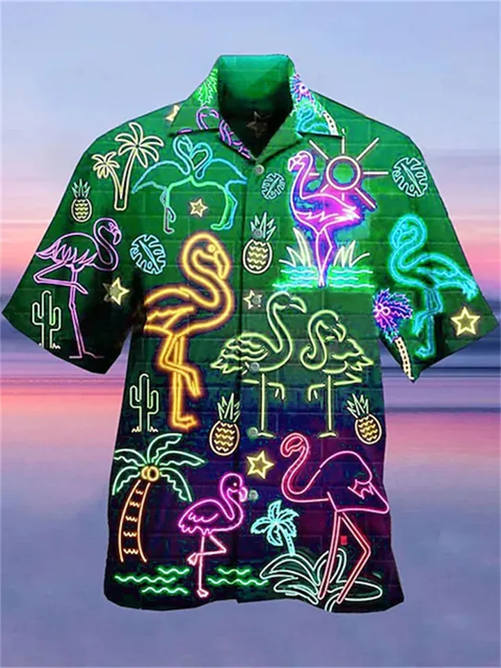 Men's Shirt Summer Hawaiian Shirt Camp Shirt Graphic Shirt Aloha Shirt Fluorescent Turndown Light Purple Green Purple Yellow Red 3D Print Street Casual Short Sleeve 3D Button-Down Clothing Apparel-Cosfine