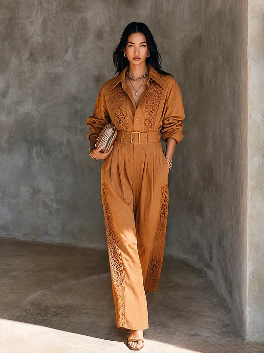 Women's Lace Panel Bohemian Linen Blend Jumpsuit MD