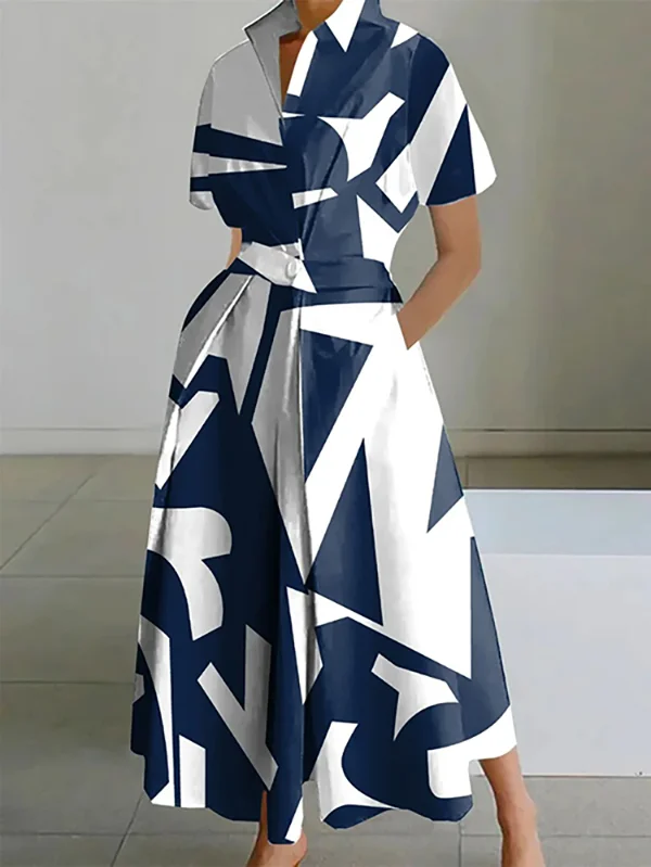 Short Sleeves Printed Lapel Maxi Dresses