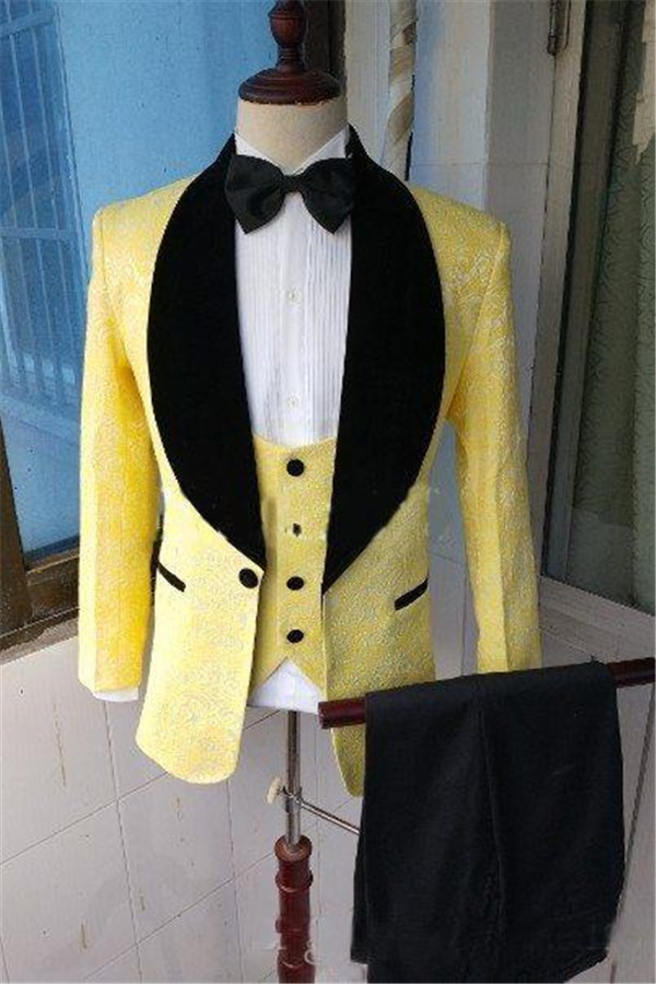 Dresseswow Elegant  Lapel Shawl Bespoke Jacquard Men Formal Dinner Blazer Yellow Prom Suit