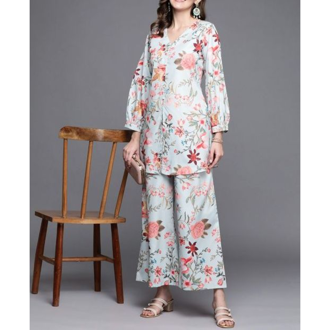Green Rayon Straight Floral Print Co-ords Set main image 1