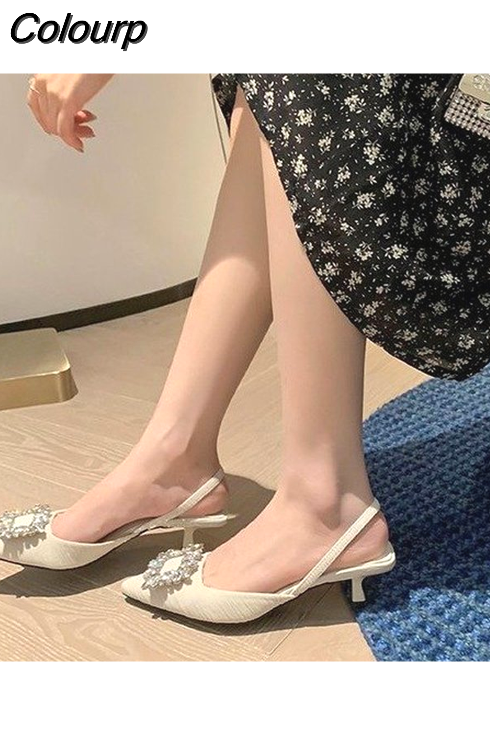 Colourp Summer Ladies Pumps Rhinestone Square Buckle Pointed Toe Shallow High Heel Sandals Sexy Women's Party Wedding Shoes 35-43