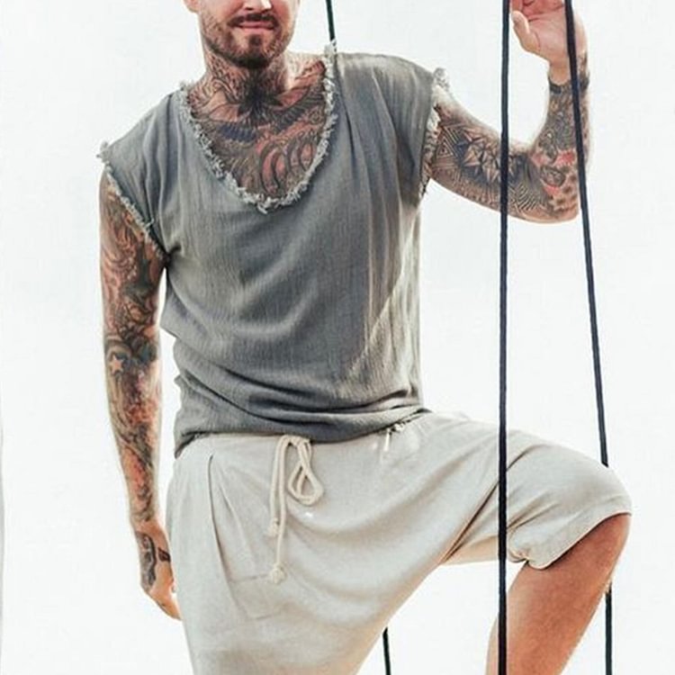 Mens Linen Minimalist Holiday Plain Tank Shirt