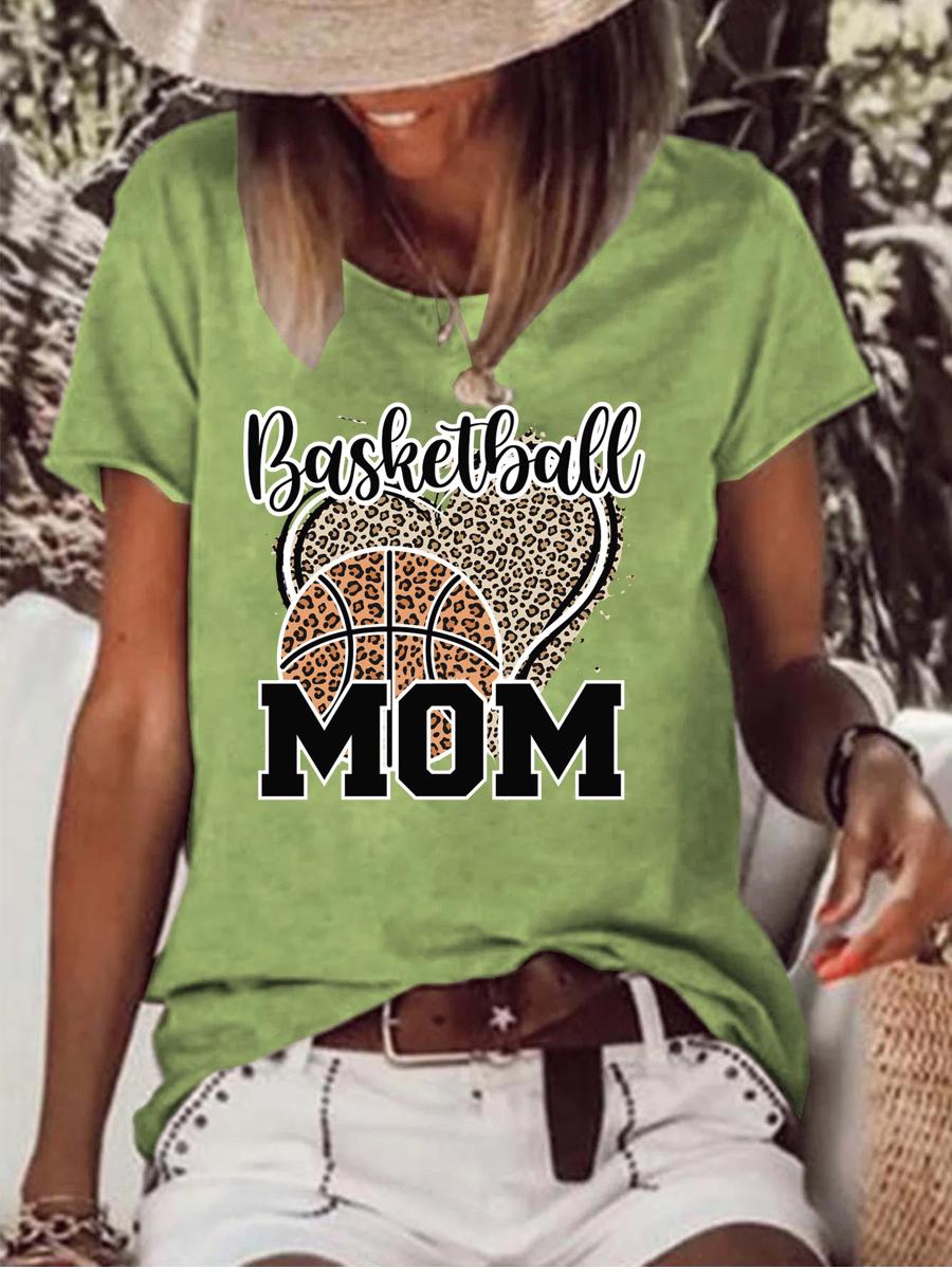 Basketball Mom Love Heart Leopard Print Raw Hem Tee-Guru-buzz