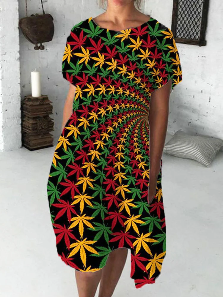 African Traditional Color Maple Leaf Print Midi Dress