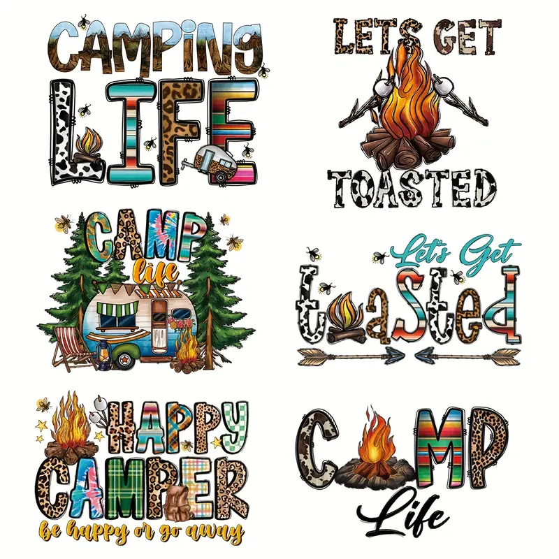 6pcs Funny and Popular Camping Life Designs DIY Iron On Transfer Stickers For T-shirts Jackets Jeans Outdoors for Man Camper Screen Printing Transfer Vinyl Sticker For Clothing-Guru-buzz