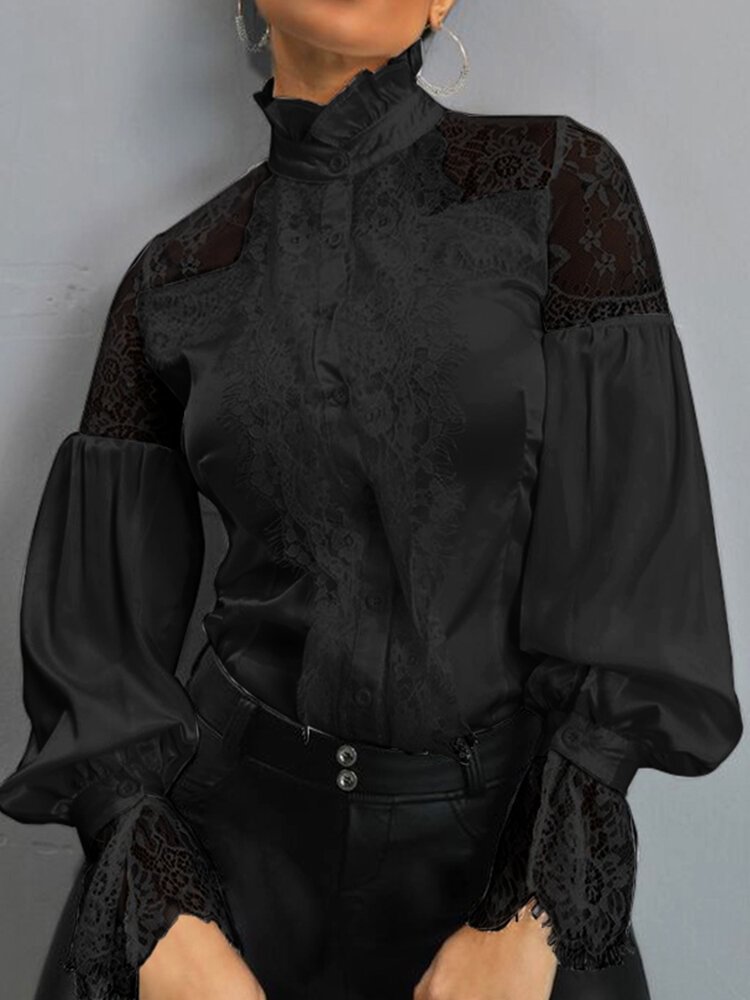 Lace Patchwork Ruffled Collar Long Puff Sleeve Blouse P1714273