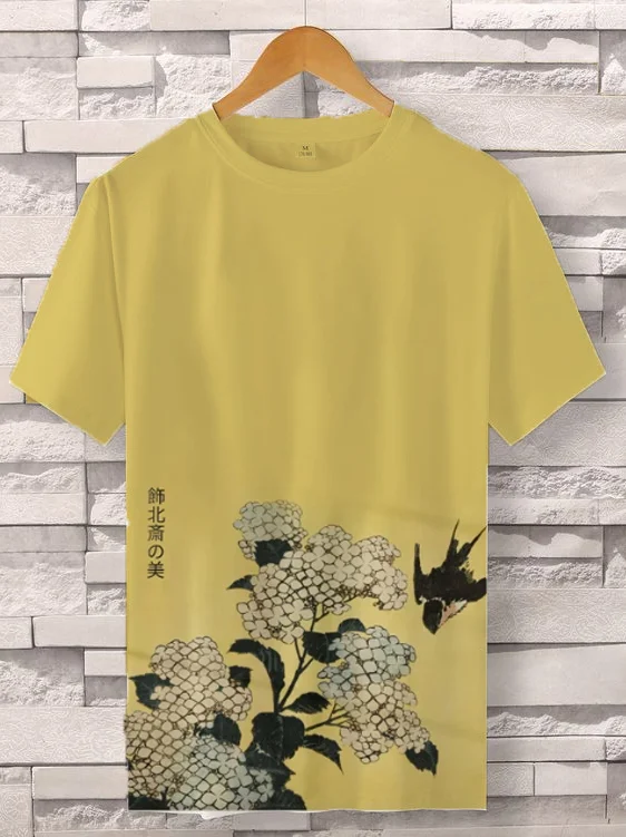 Men's Hokusai Art Hydrangea And Swallow Print Casual T-Shirt