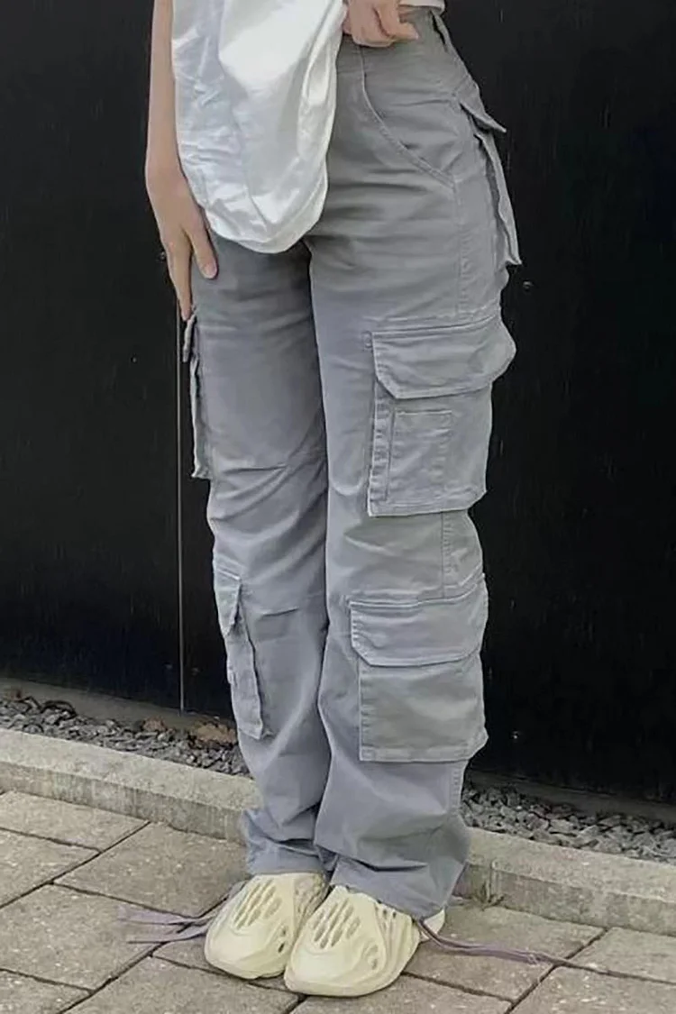 Denim Low Waist Straight Leg Pockets Cargo Pants-Green