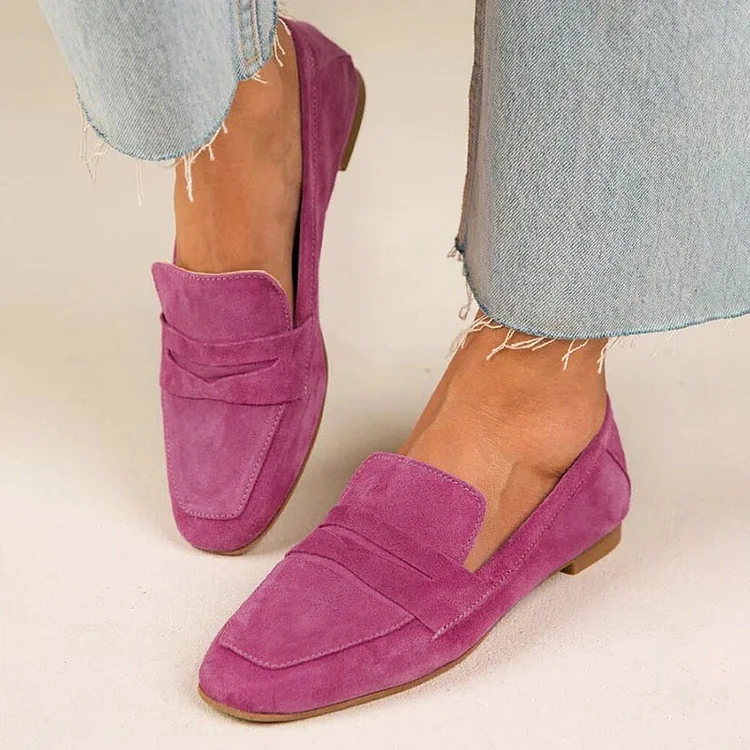 Faux Suede Square Toe Hot Pink Retro Loafers
