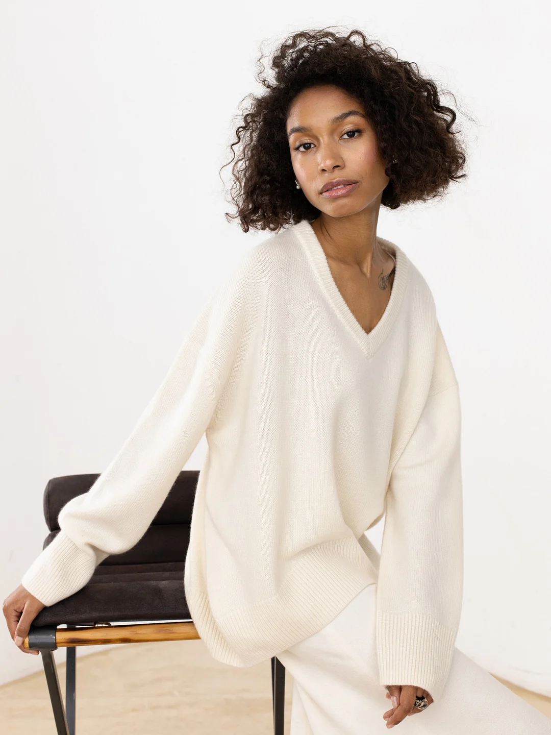 Sweater V-Neck Loose Fitting Long Sleeves