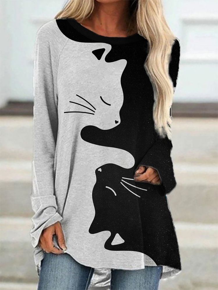 Comstylish Contrast Color Cat Art A Line T Shirt