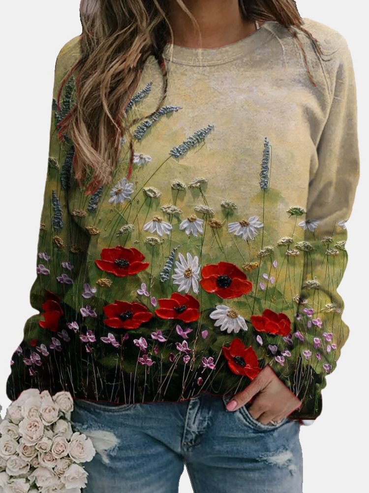 Women Calico Print Long Sleeve O-neck Casual Sweatshirt - Life is Beautiful for You - SheChoic