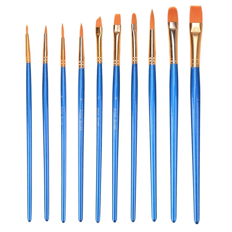 Blue Watercolor Gouache Paint Brushes Nylon Hair Painting Brush Set (10pcs)