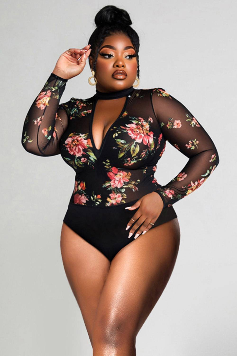 Xpluswear Design Plus Size Daily Black Floral Halter Collar Long Sleeve