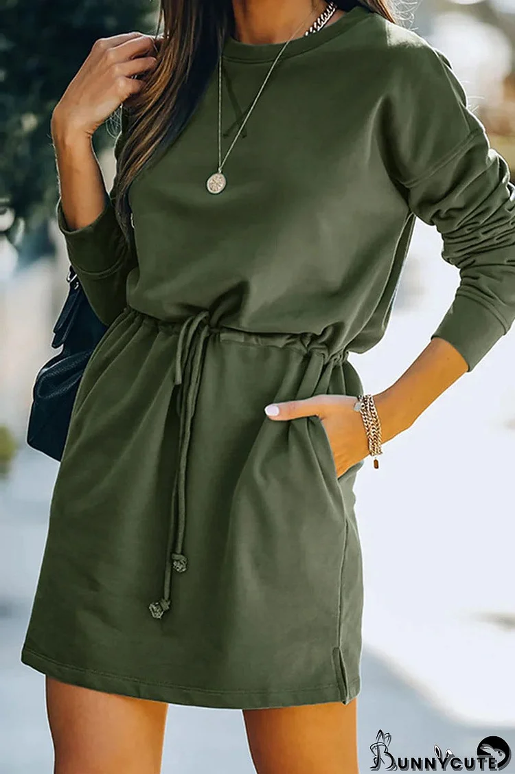 Casual Solid Draw String Pocket O Neck Long Sleeve Dresses